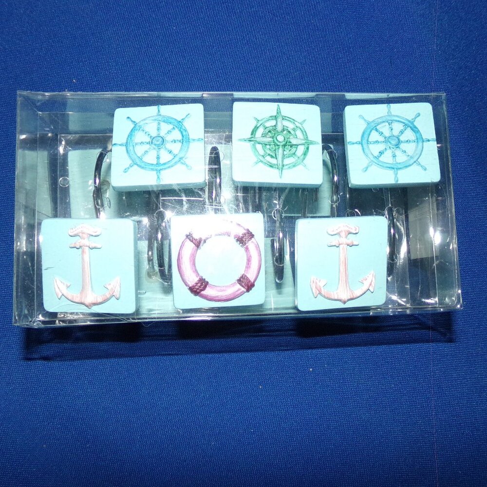 New - Set of 12 Nautical Shower Curtain Hooks - Ship's Anchor & Wheel, etc.